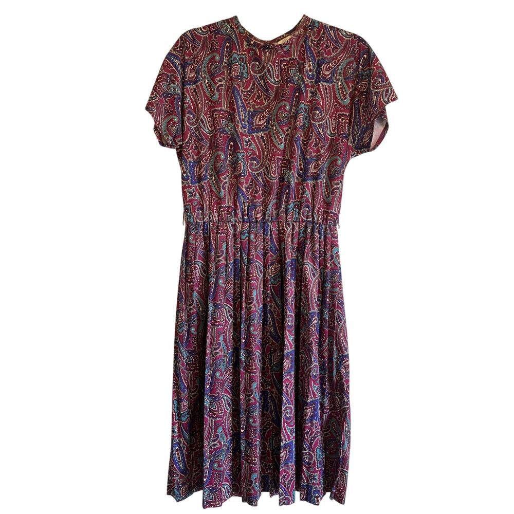 Vintage Multicolor Purple Paisley Floral Pleated Dress 80s/90s Size L
